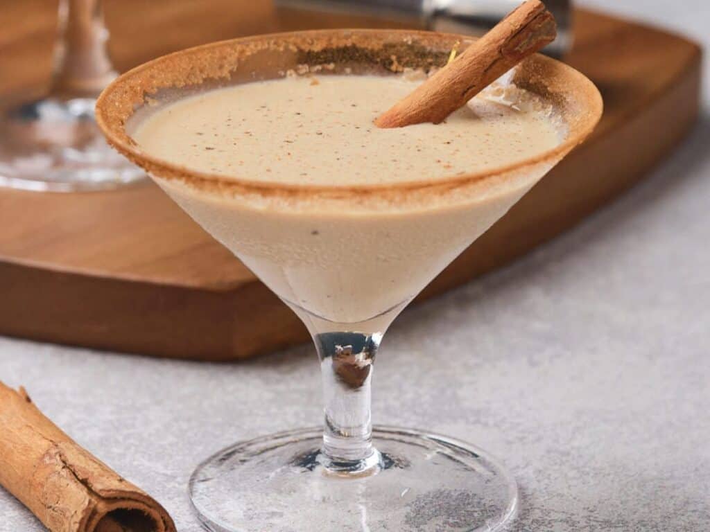 Image shows yummy eggnog martini.