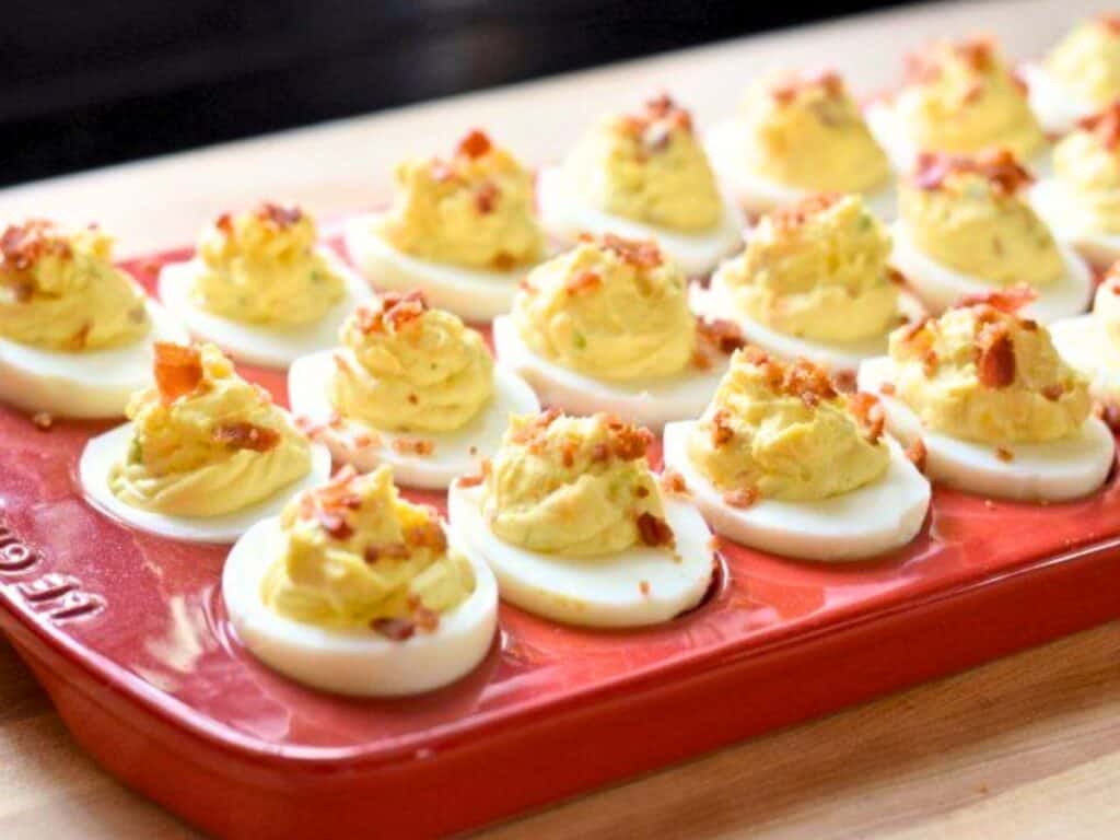 Image shows bacon deviled egg recipe.