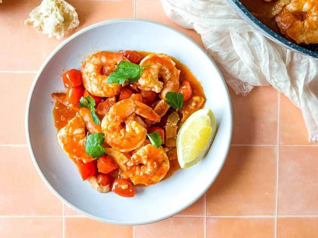 Image shows bloody Mary shrimp recipe.