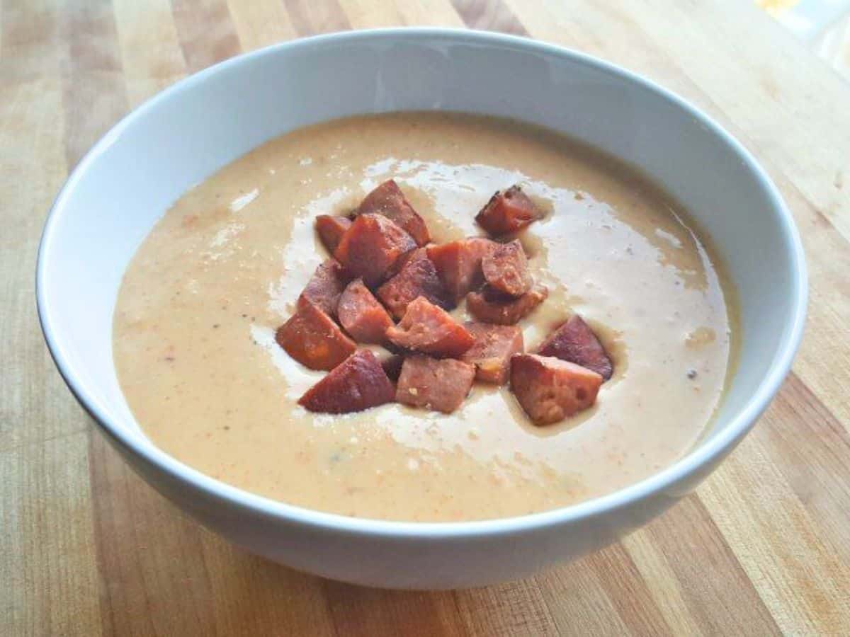 Image shows cheese and sausage soup recipe.