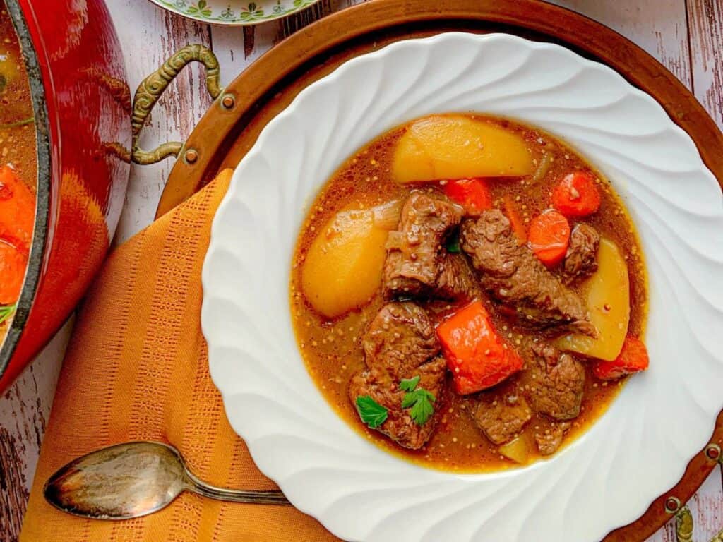 Image shows delicious thick beef stew.