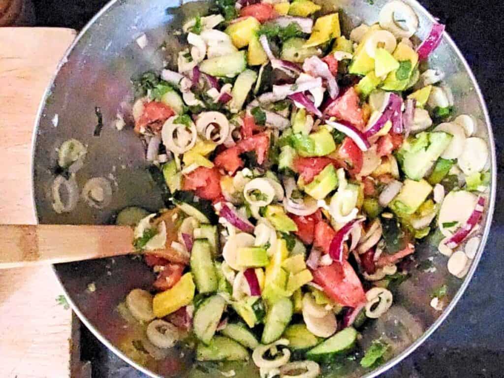 Image shows easy to make hearts of palm salad.