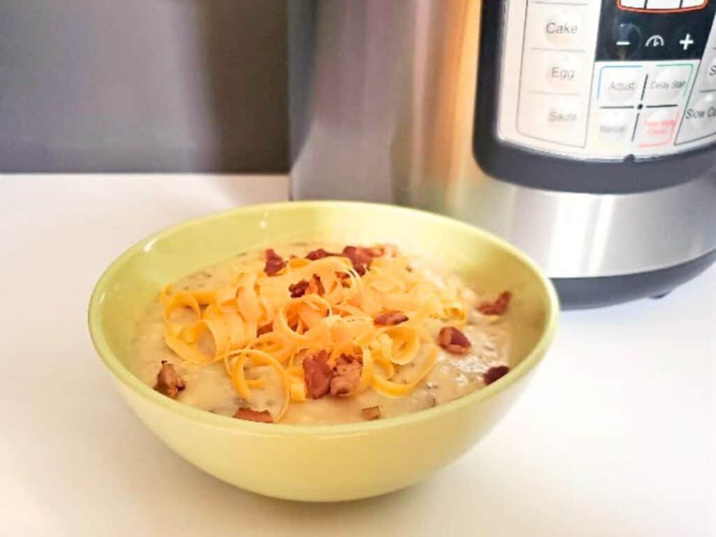 Image shows easy to make instant pot baked potato soup.