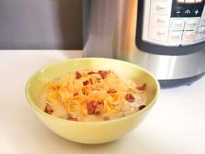 Image shows easy to make instant pot baked potato soup.