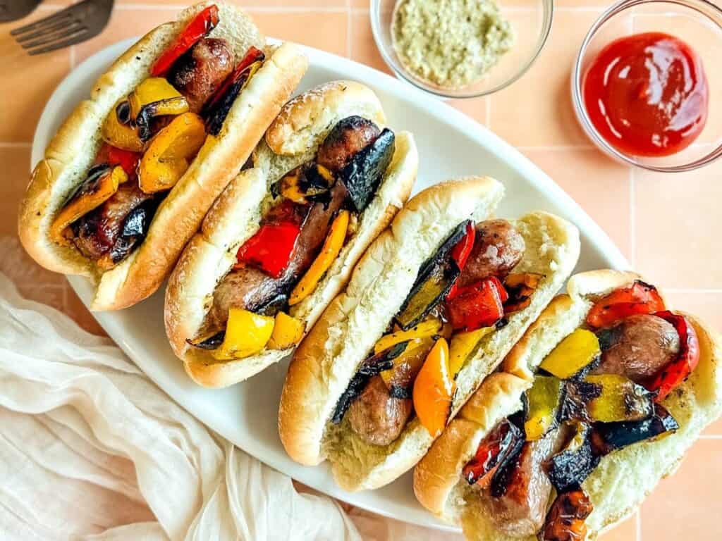 Image shows easy to make sausage and peppers.