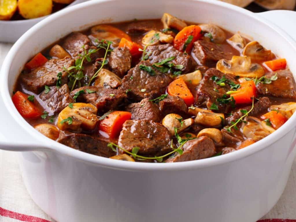Image shows easy to make slow cooker beef stew.