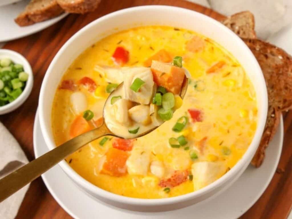 Image shows healthy seafood chowder recipe.