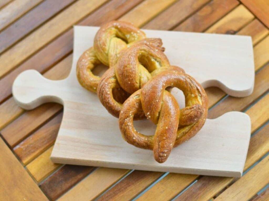 Image shows tray of delicious homemade soft pretzels.
