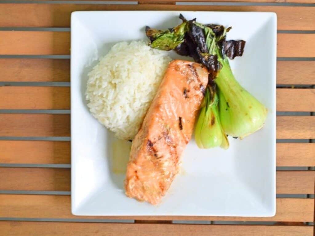 Image shows yummy miso glazed salmon recipe.