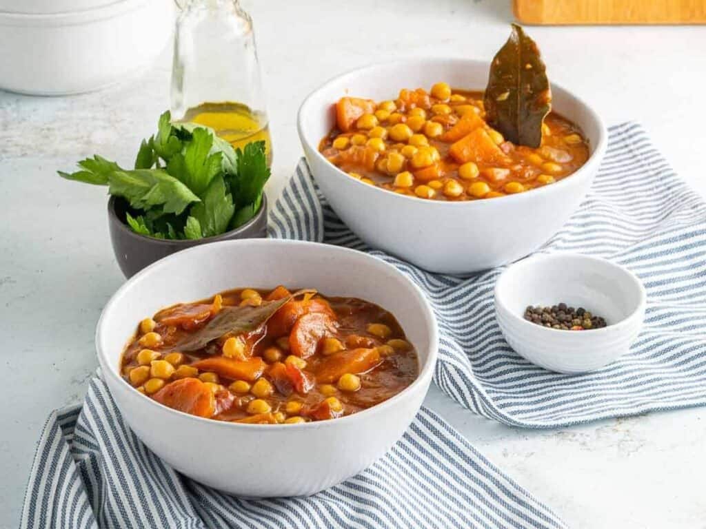 Image shows yummy vegan chickpea and sweet potato stew.