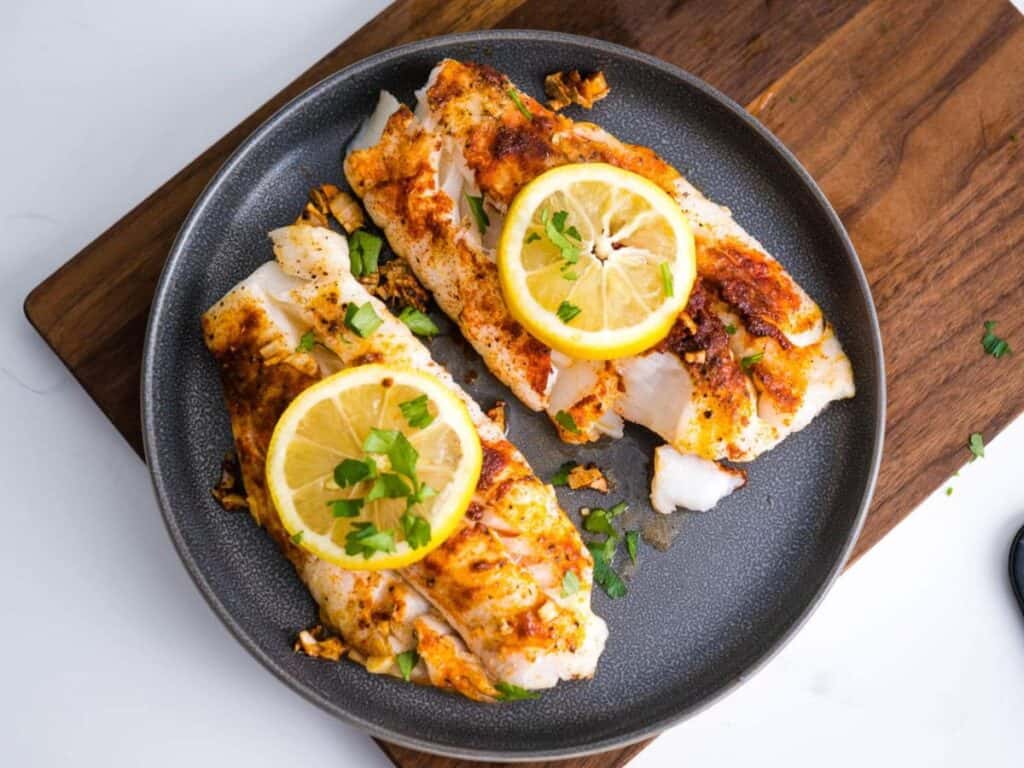 Image shows delicious air fryer cod.
