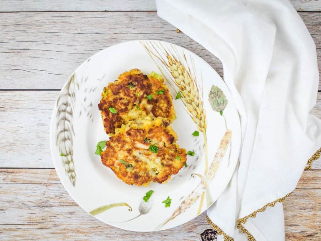 Image shows delicious leftover turkey mashed potato patties.