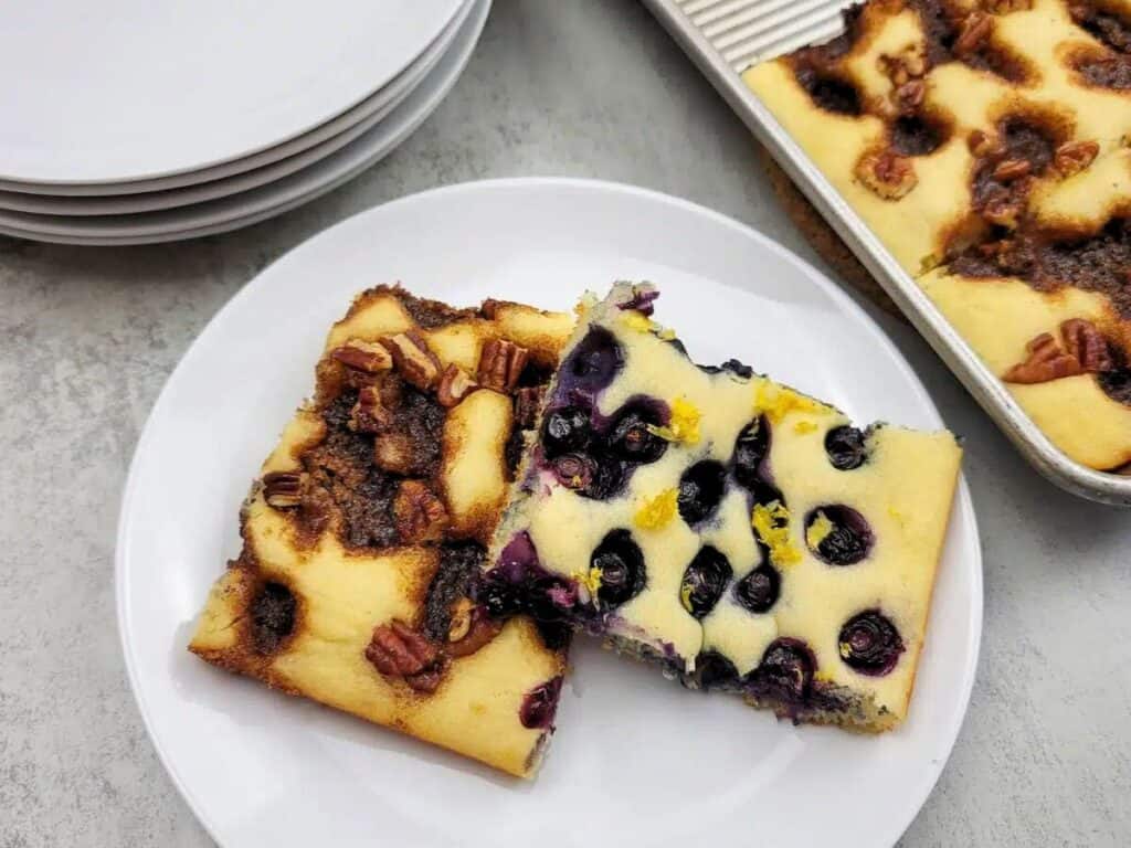 Image shows delicious sheet pan pancakes.