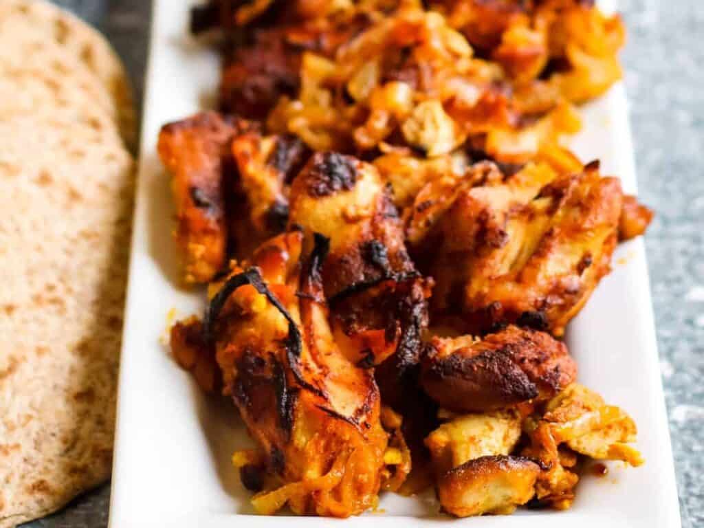 Image shows easy to make instant pot chicken shawarma.