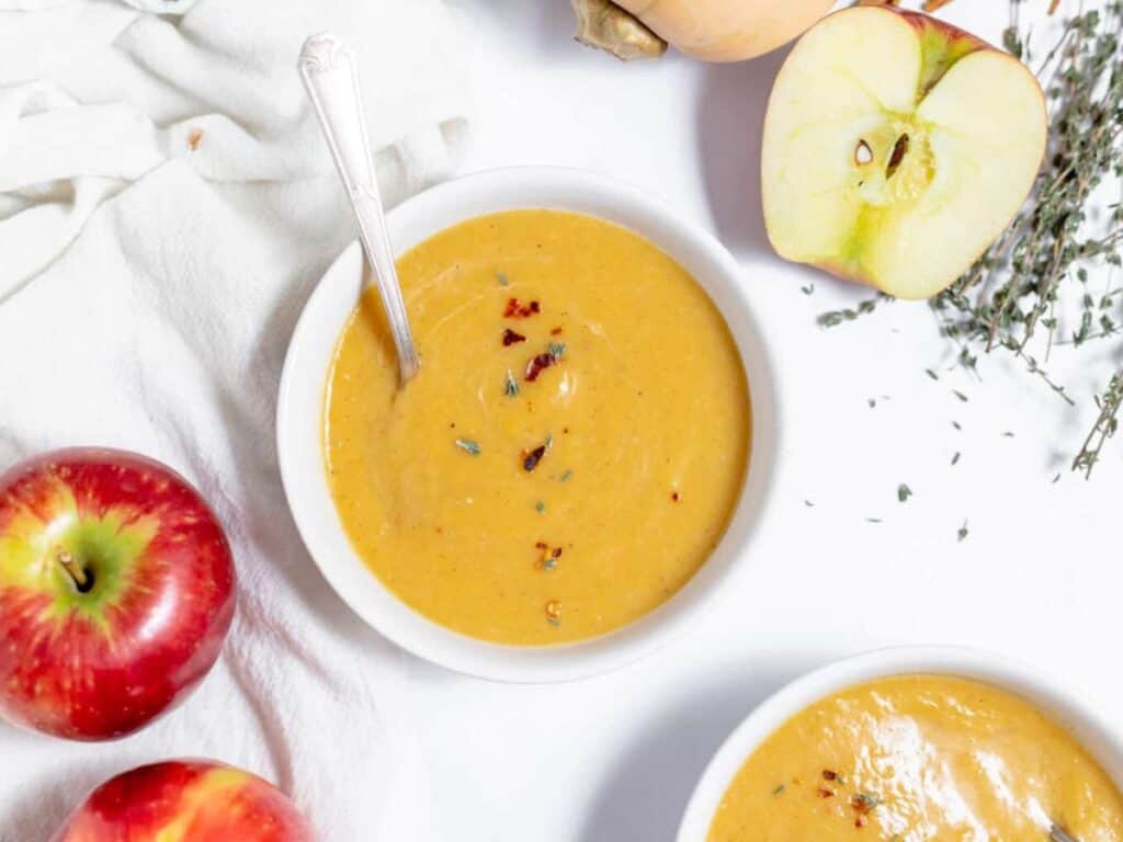 Image shows easy to make slow cooker butternut soup.