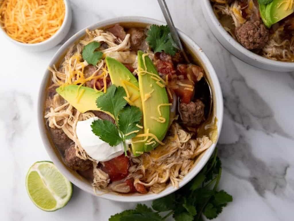 Image shows easy to make slow cooker taco soup.