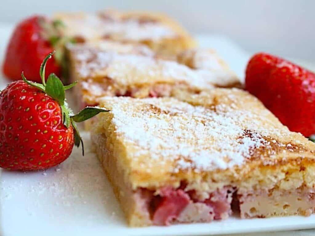 Image shows easy to make strawberry coffee cake.