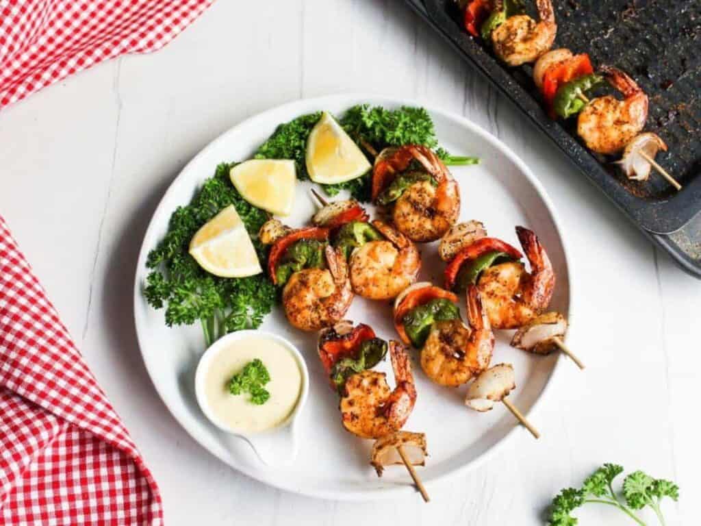 Image shows grilled shrimp skewer recipe.