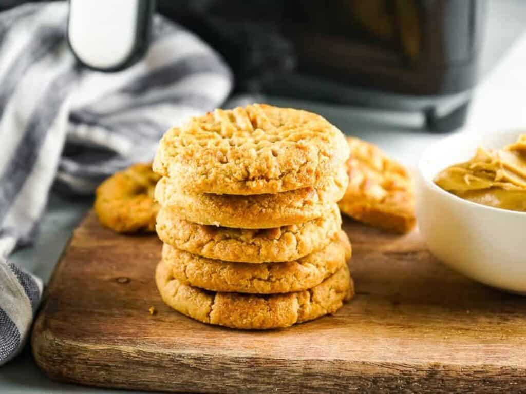 Image shows irresistible air fryer peanut butter cookies.