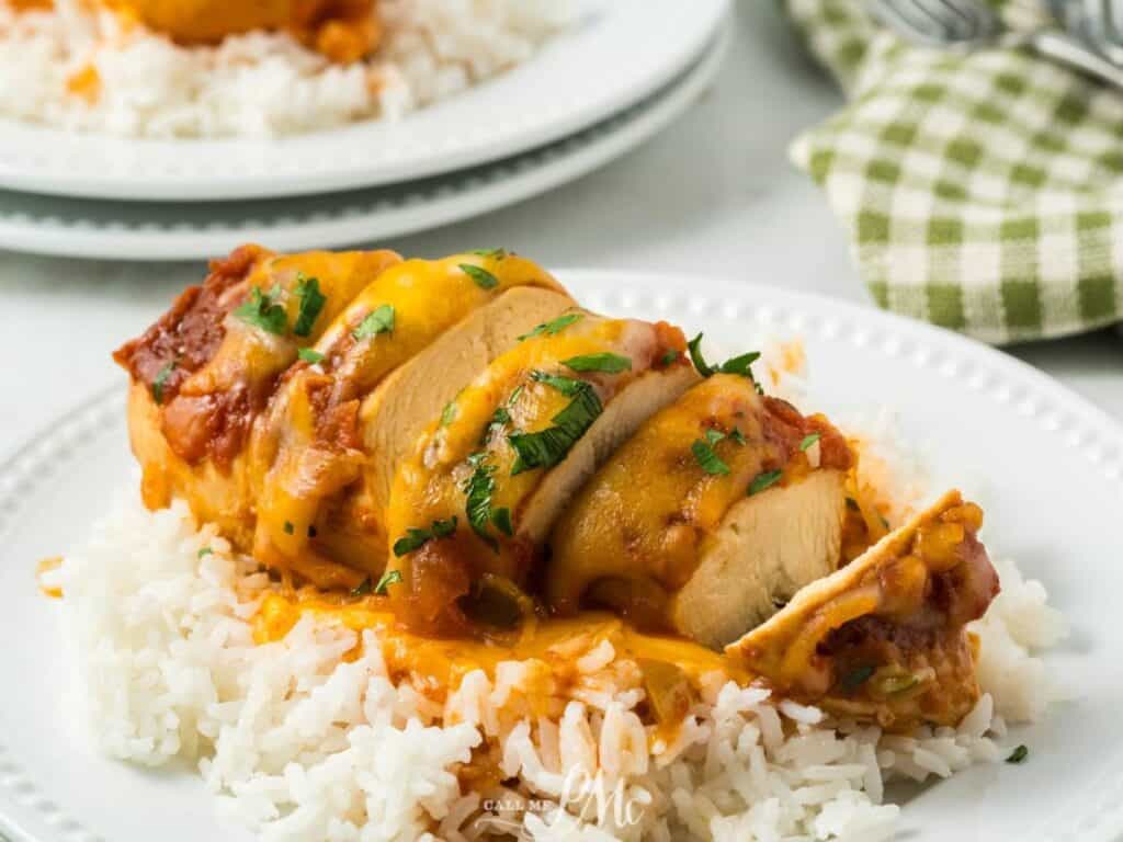 Image shows irresistible crockpot cheesy salsa chicken.