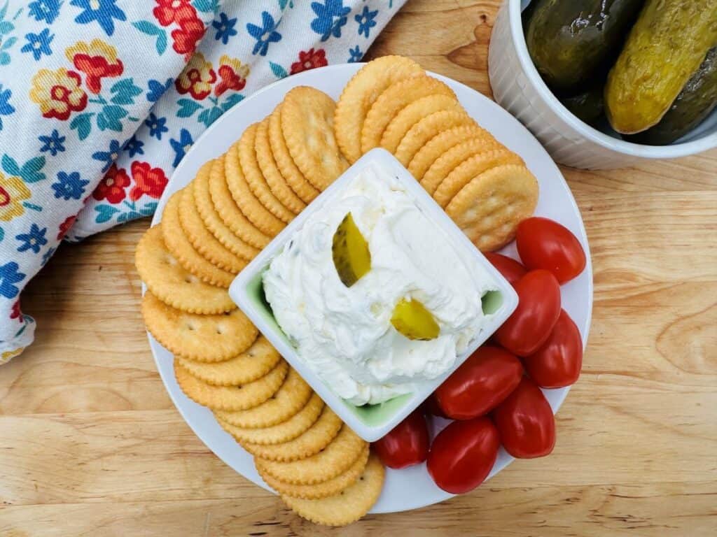 Image shows irresistible dill pickle dip.