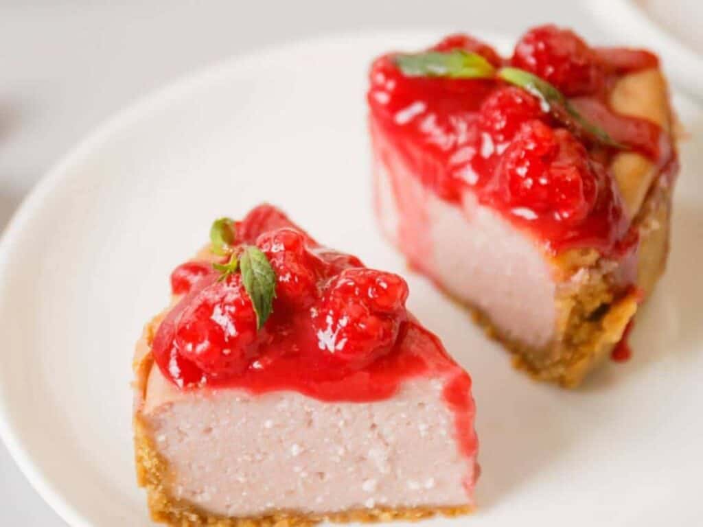Image shows raspberry lemon cheesecake with Greek yogurt recipe.