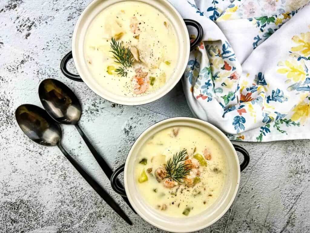 Image shows seafood chowder recipe.