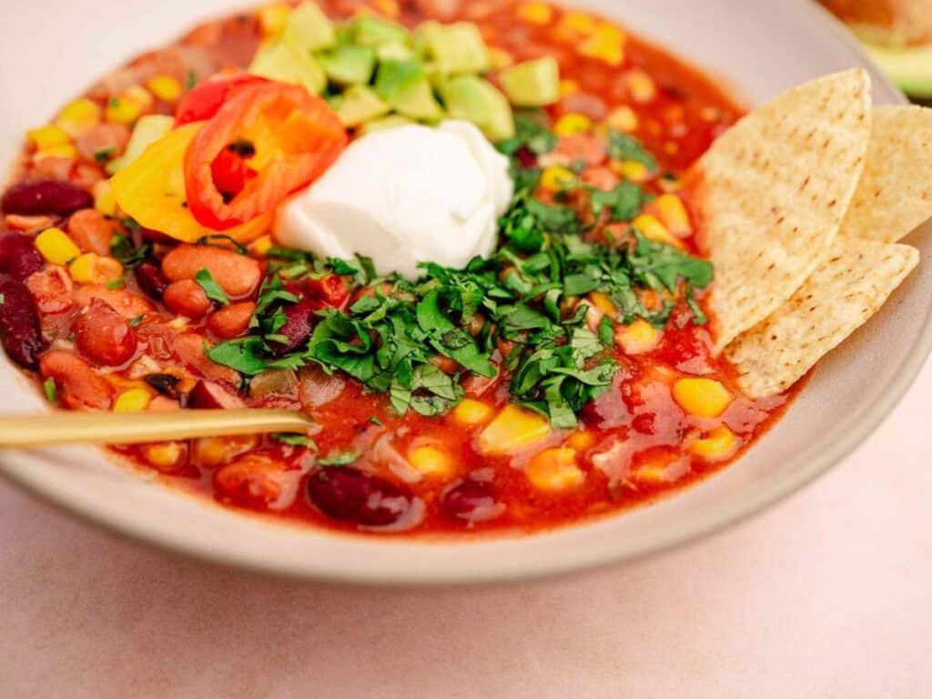 Image shows yummy and easy slow cooker vegetarian chili.