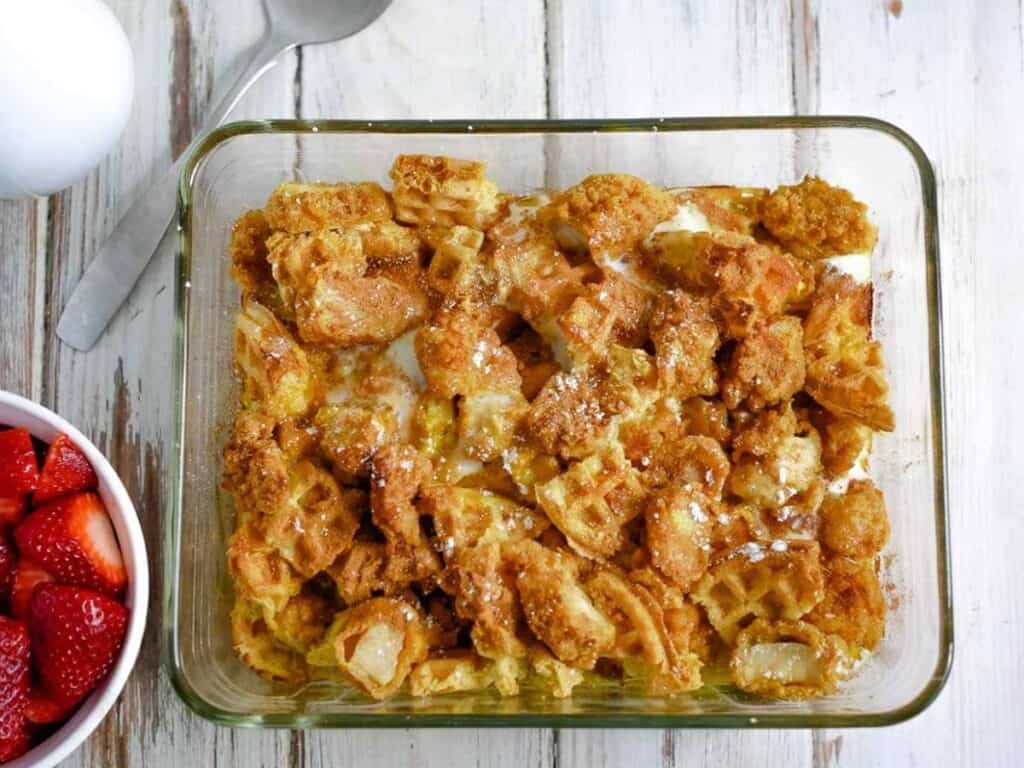 Image shows yummy chicken and waffle casserole.