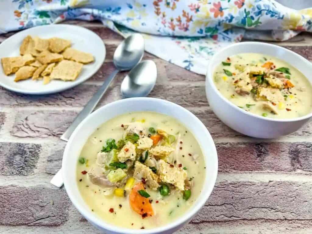Image shows yummy turkey pot pie soup.