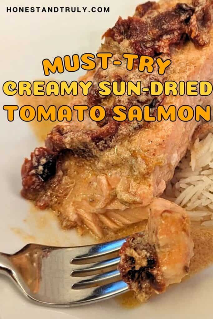 Image shows a forkful of must-try creamy sun-dried tomato salmon.