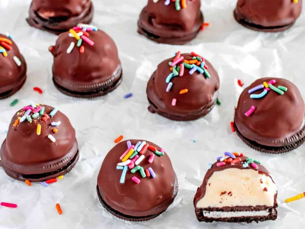 Image shows chocolate covered ice cream bites recipe.