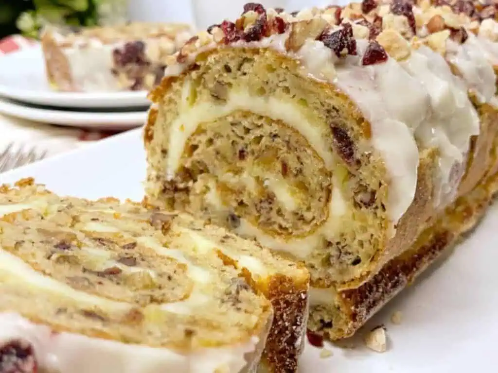 Image shows delicious banana cake roll.