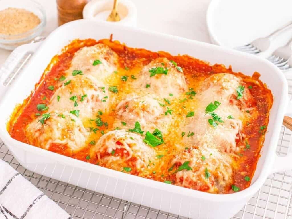 Image shows delicious meatball casserole.