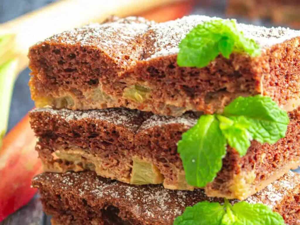 Image shows delicious rhubarb dump cake.