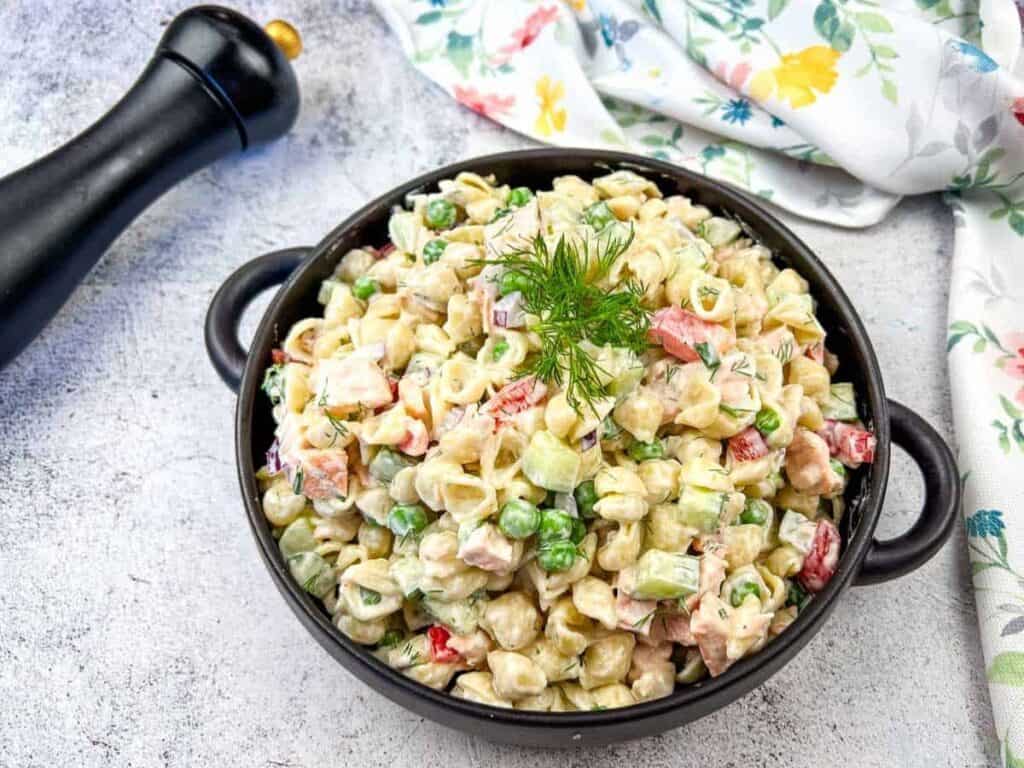 Image shows easy salmon pasta salad.