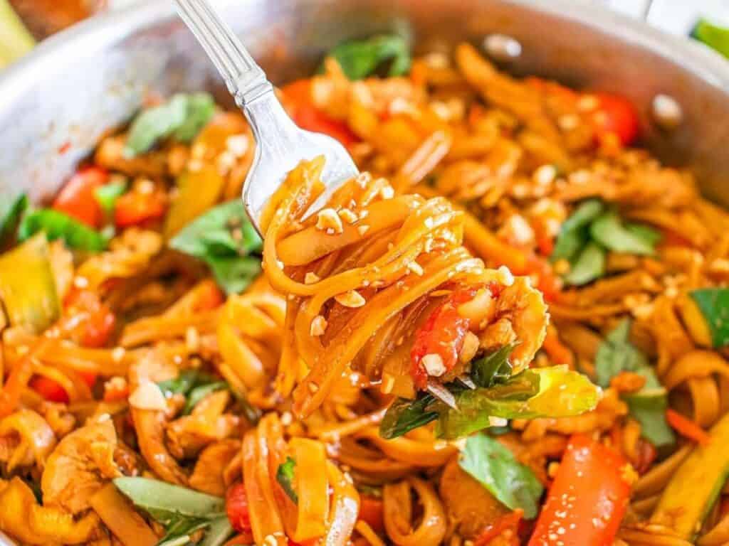 Image shows easy to make Thai drunken noodles.