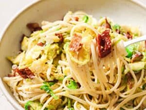 Image shows easy to make brussels sprouts pasta.