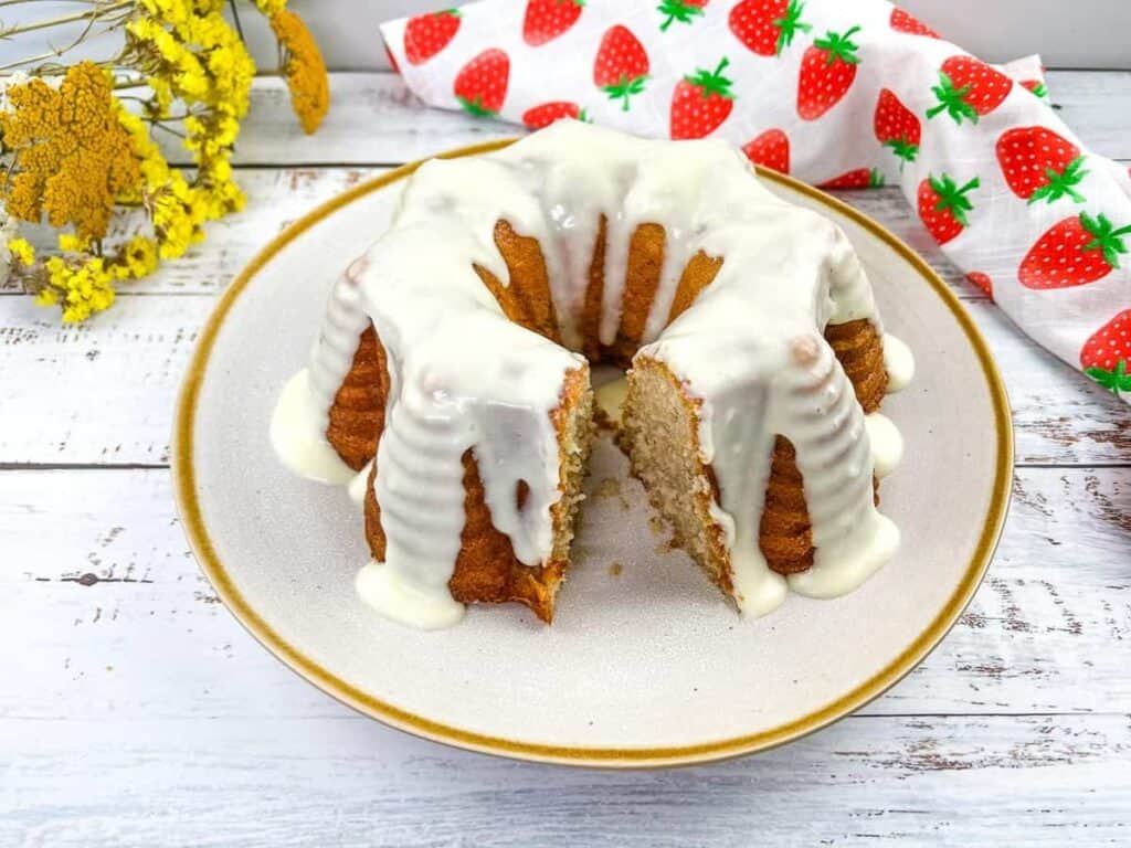 Image shows easy to make buttermilk banana cake.