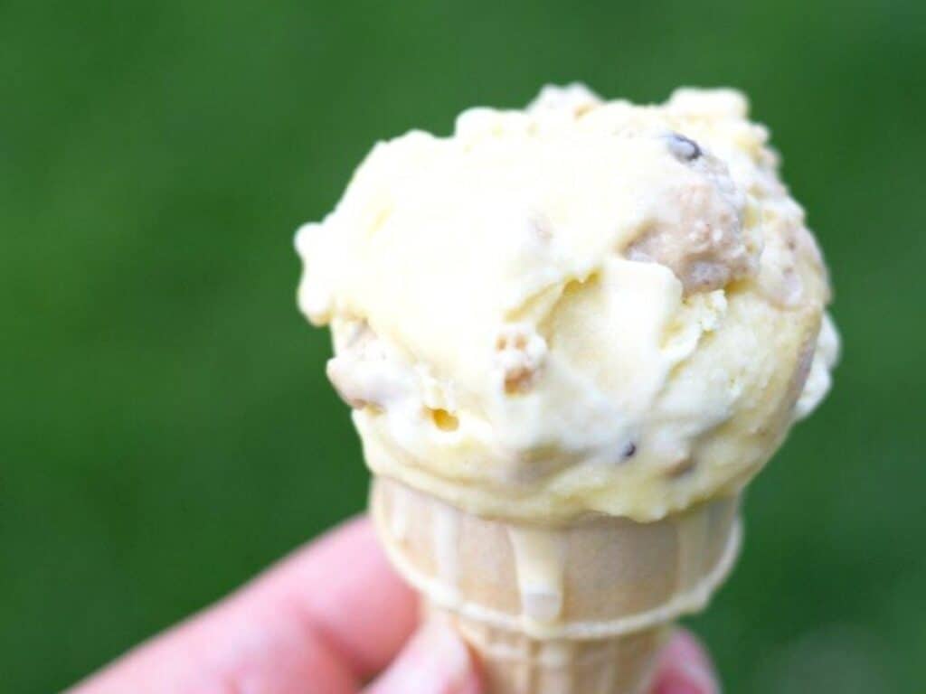 Image shows easy to make cookie dough frozen custard.