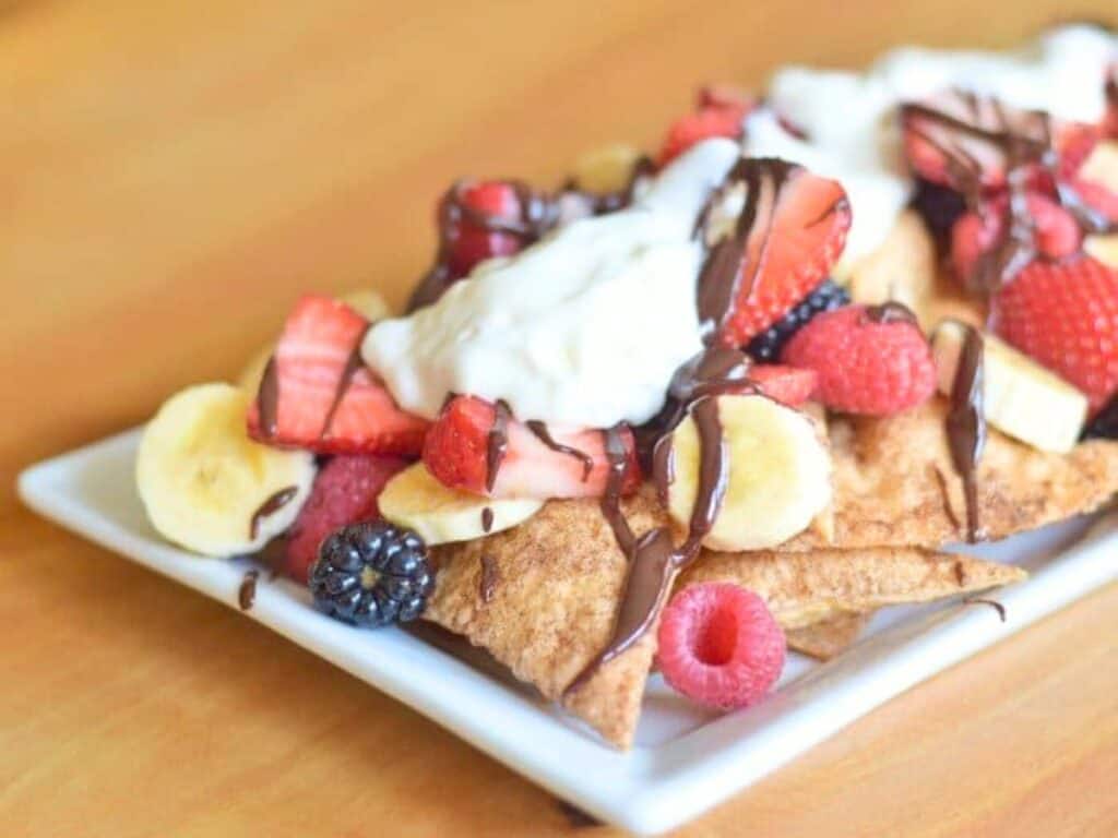 Image shows easy to make dessert nachos from scratch.