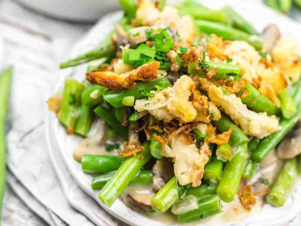 Image shows irresistible gluten free green bean casserole.