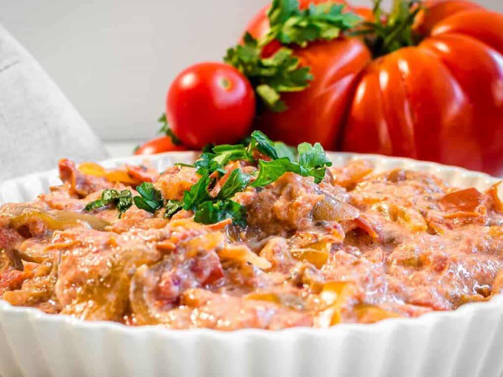 Image shows irresistible lecso vegetable stew.