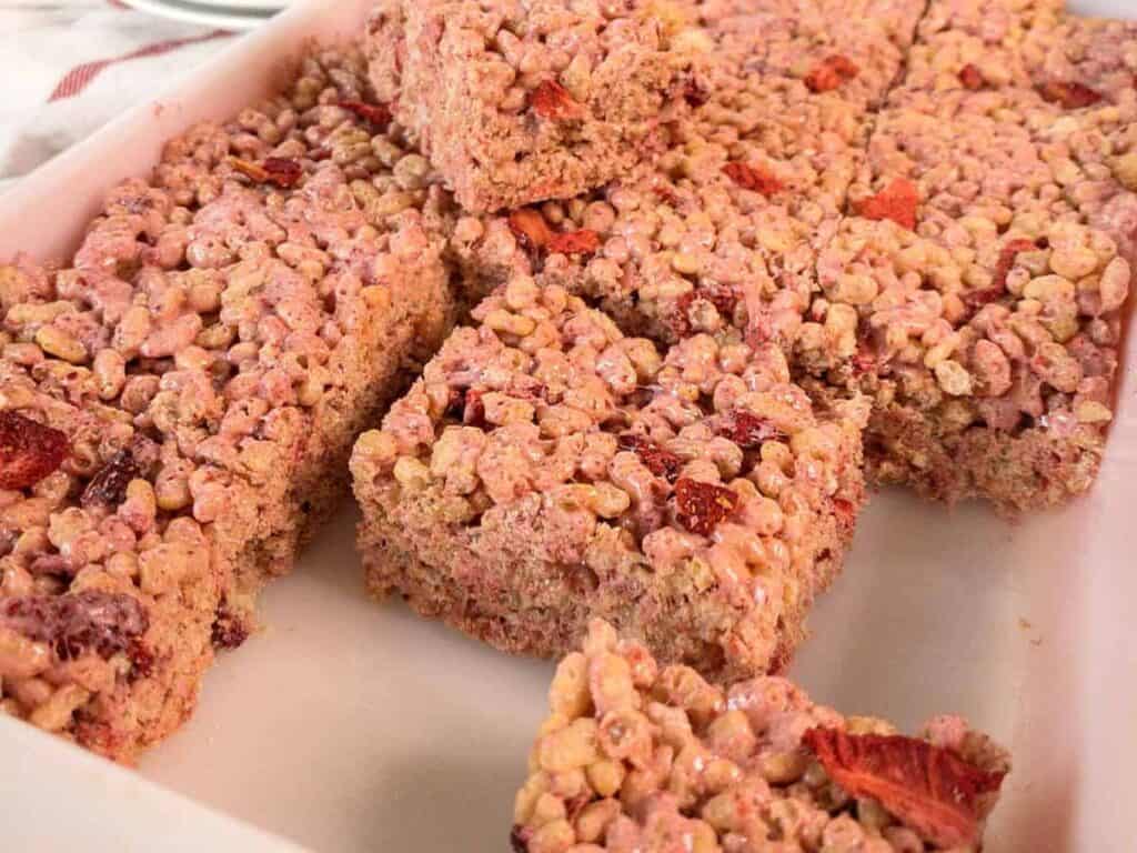 Image shows irresistible strawberry rice krispie treats.