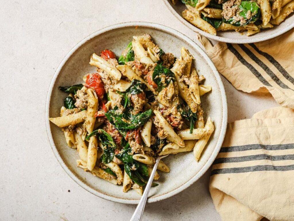 Image shows tuna pesto pasta recipe.