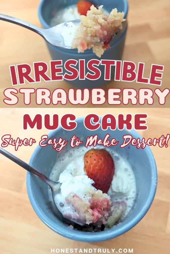 Image shows two pictures of stawberry mug cake with text in the middle.