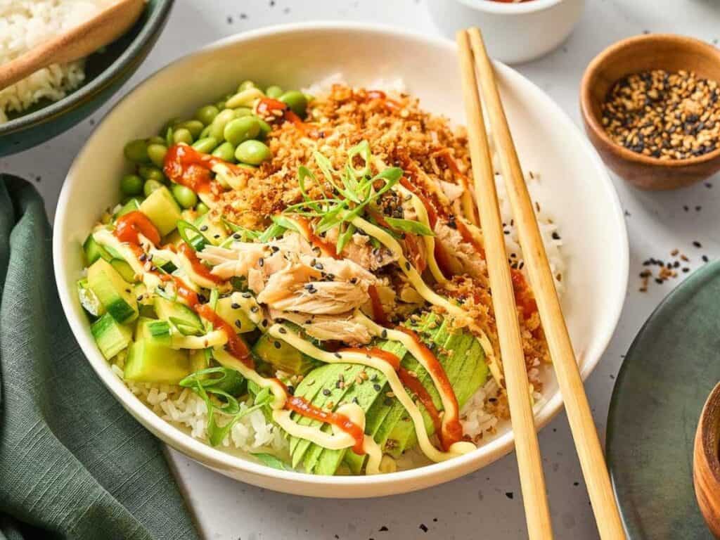 Image shows yummy spicy tuna rice bowl.