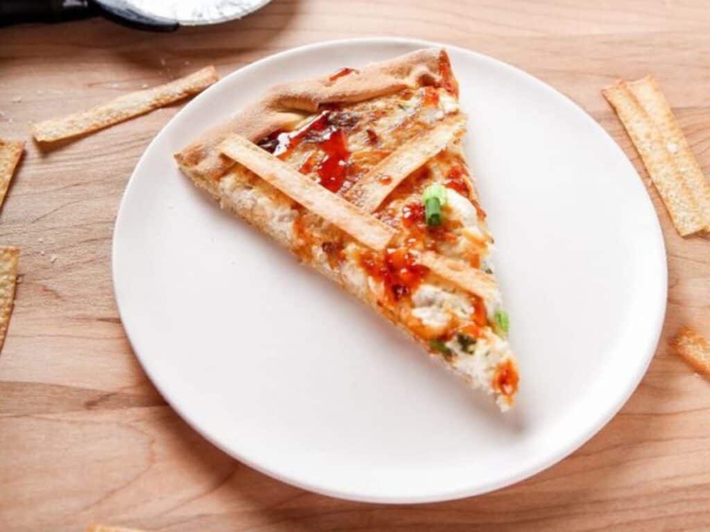 Image shows yummy crab rangoon pizza.