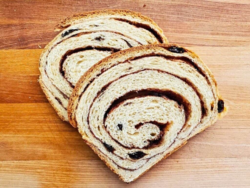 Image shows delicious cinnamon raisin bread.