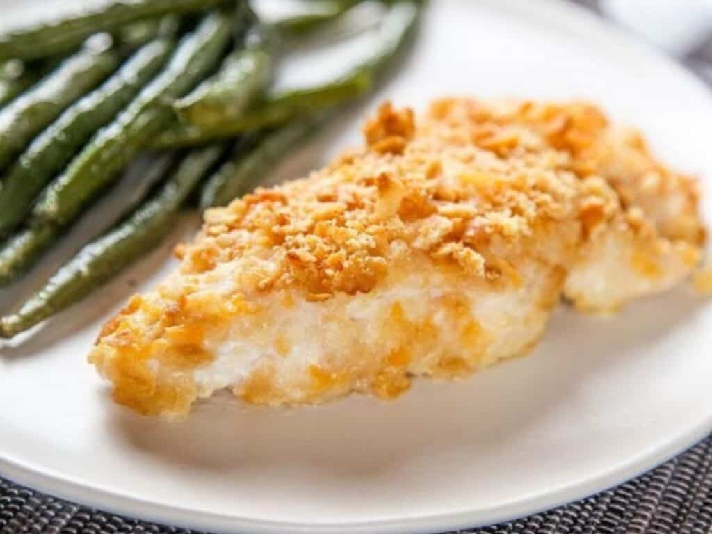 Image shows easy to make ritz cracker chicken.
